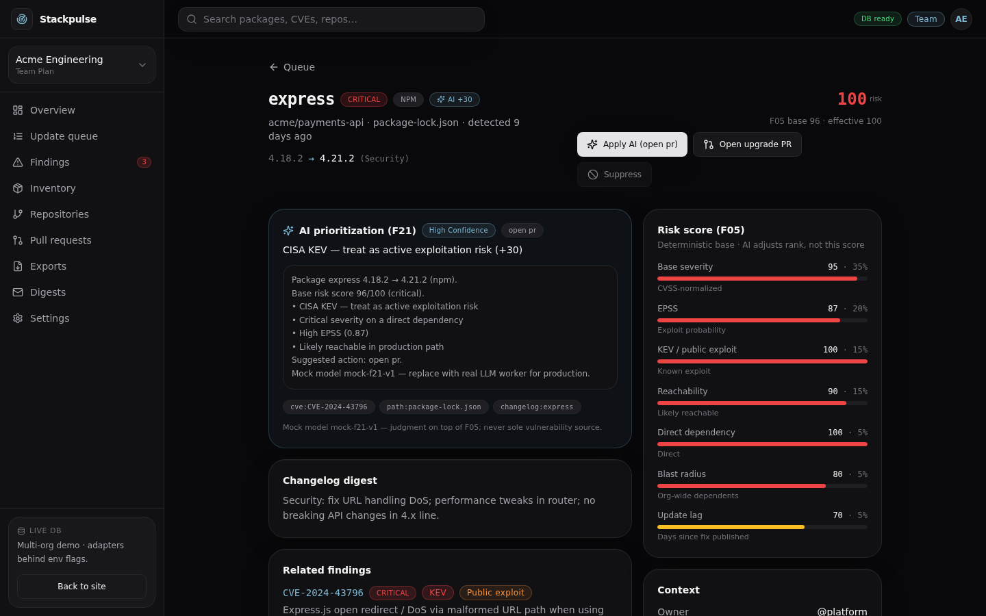 Update detail with risk breakdown, related CVEs, and suggested command